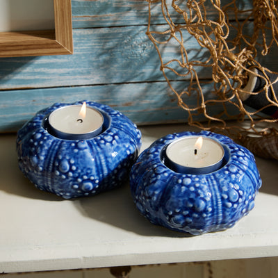 Set of 2 Blue Ceramic Sea Urchin Tealight Holders