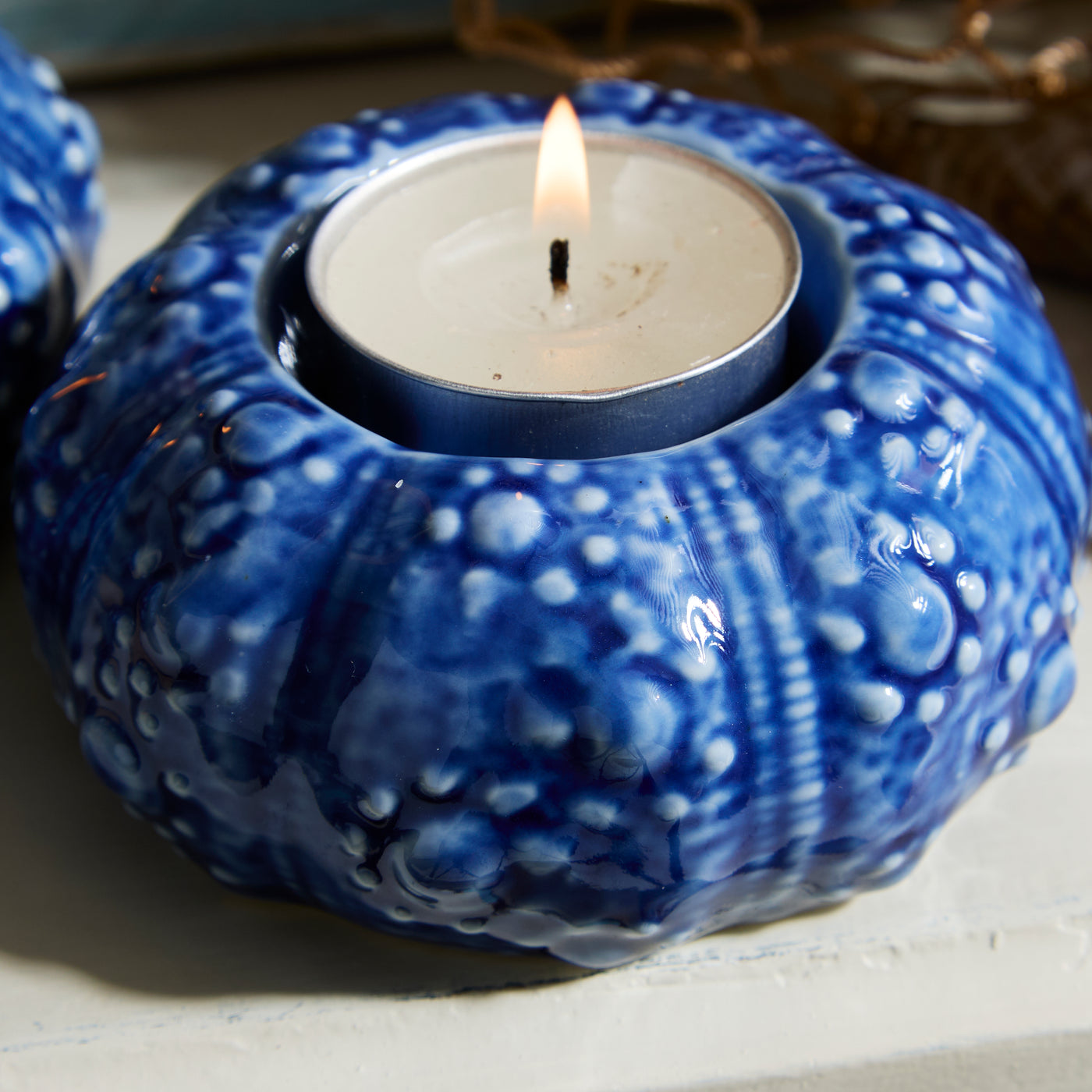 Set of 2 Blue Ceramic Sea Urchin Tealight Holders