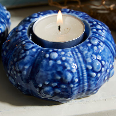 Set of 2 Blue Ceramic Sea Urchin Tealight Holders