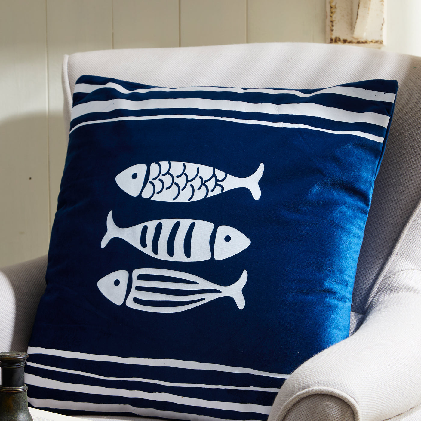 Navy Nautical Cushion with White Fish Design – Nautical Decorative Pillow