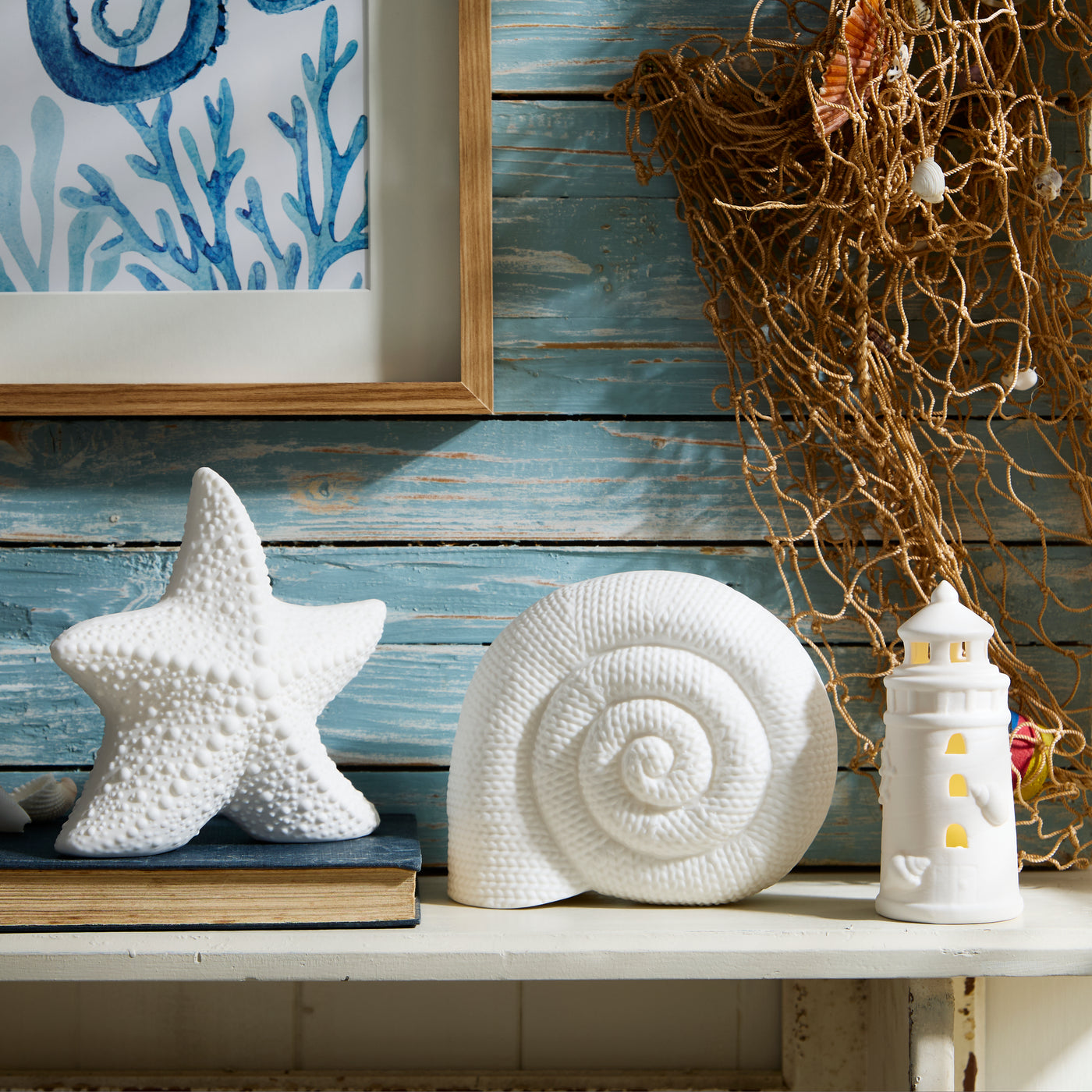 Set of 3 Ceramic Nautical LED Lights – Starfish, Shell & Lighthouse