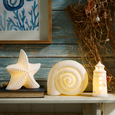 Set of 3 Ceramic Nautical LED Lights – Starfish, Shell & Lighthouse
