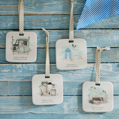 Nautical Coastal Ceramic Hanging Plaques – Set of 4 Maritime Seaside Designs