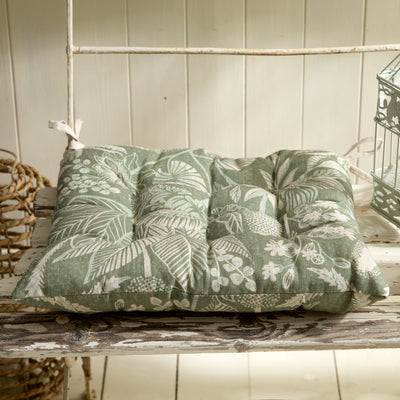 Palm & Botanical Print Outdoor Seat Cushion with Ties – Green Tropical Sketch