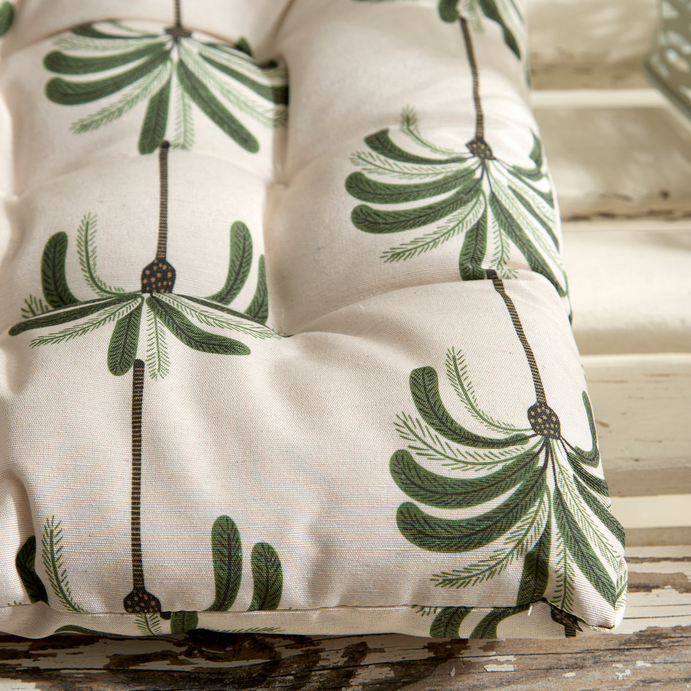 Palm & Botanical Print Outdoor Seat Cushion with Ties – Large Palm Grove