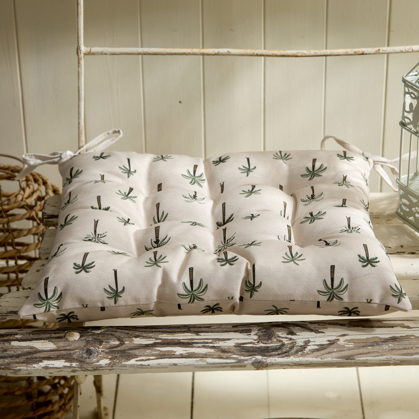 Palm & Botanical Print Outdoor Seat Cushion with Ties – Mini Palm Repeat