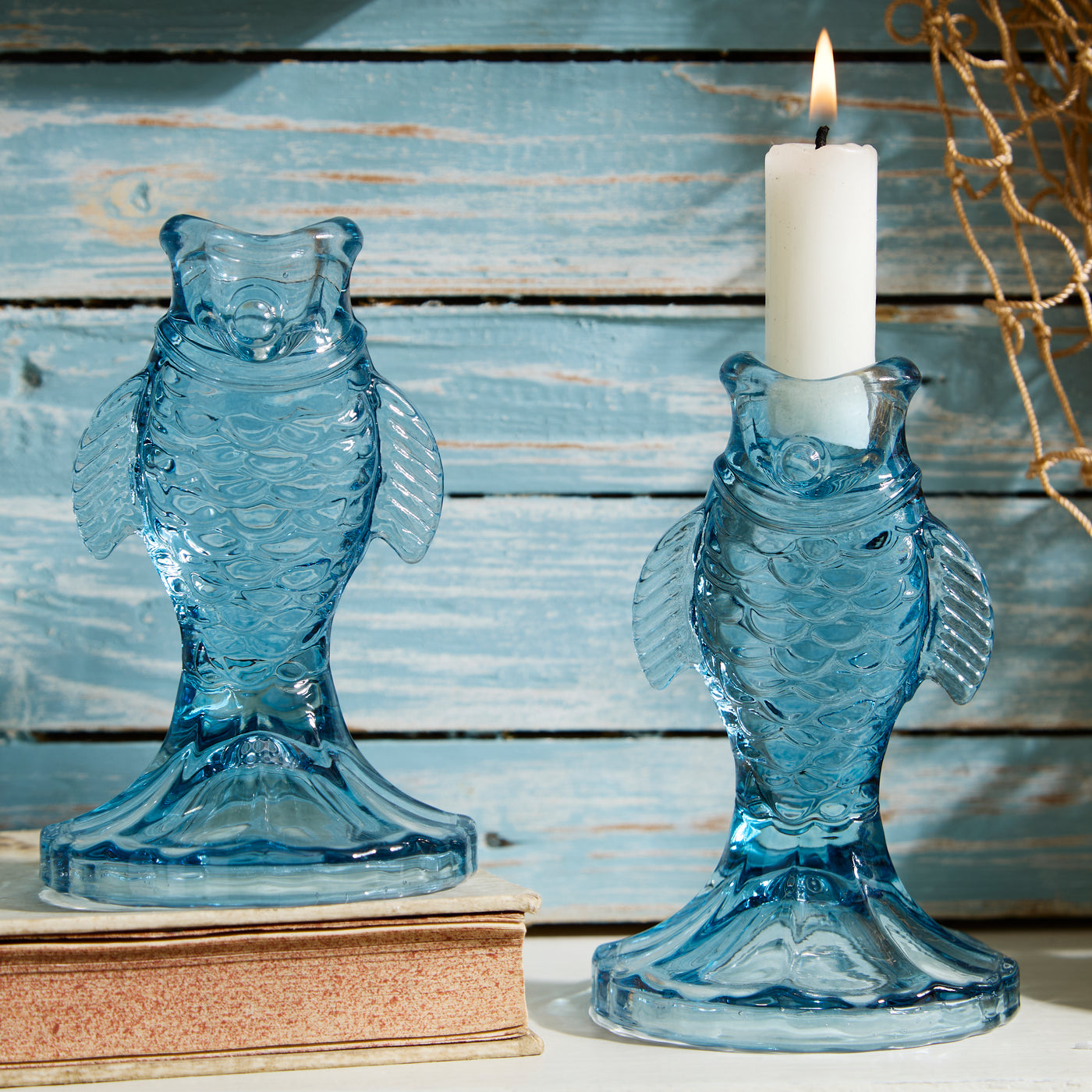 Pair of Dark Blue Glass Fish Candle Holders - Coastal-Inspired Home Accent