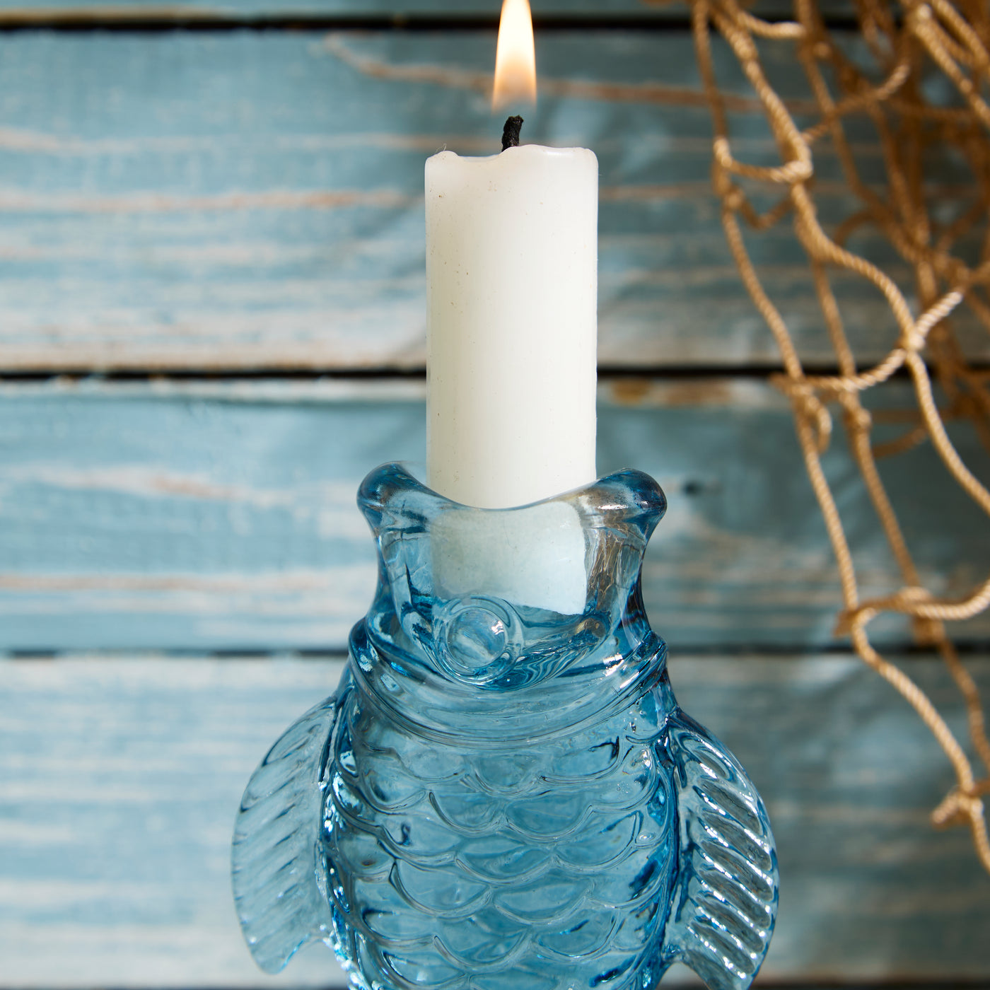 Pair of Dark Blue Glass Fish Candle Holders - Coastal-Inspired Home Accent