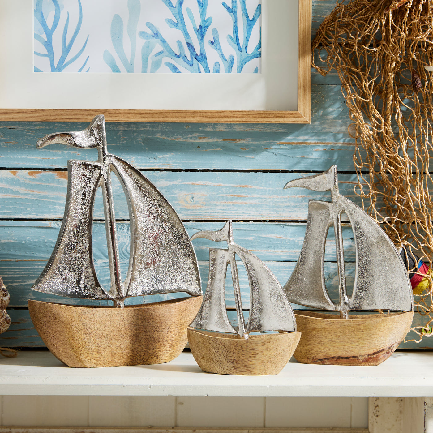 Wood & Metal Sailboat Ornament – Nautical Coastal Decor