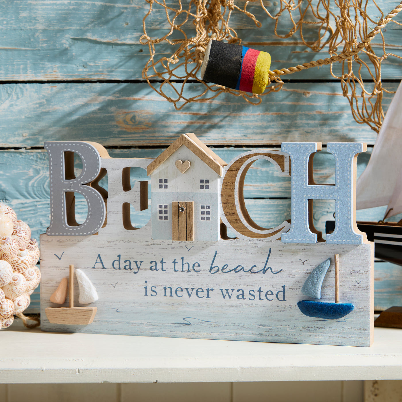 Wooden Nautical BEACH Sign with Sailing Boat - A day at the beach