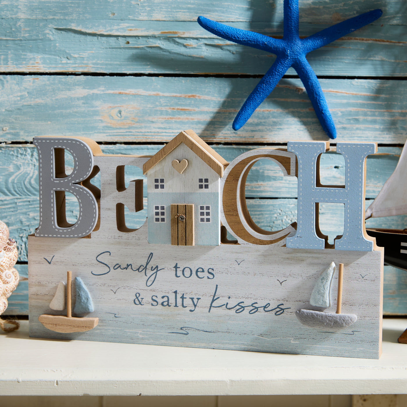 Wooden Nautical BEACH Sign with Sailing Boat - Sandy toes