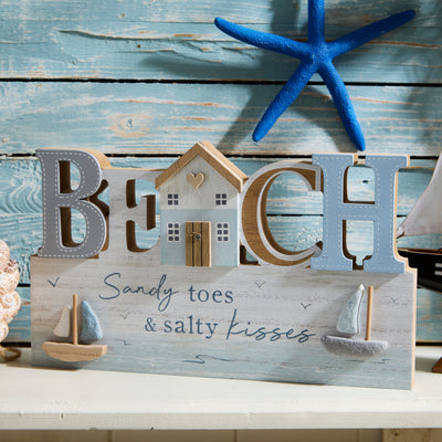 Wooden Nautical BEACH Sign with Sailing Boat - Sandy toes