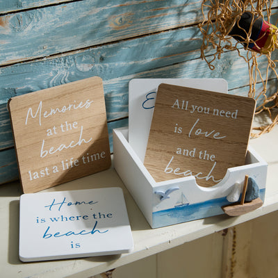 Set of 4 Coastal Quote Coasters with Wooden Holder – Beach Design