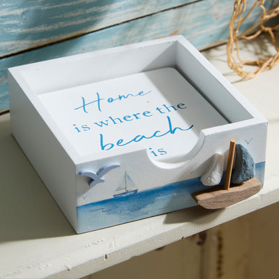 Set of 4 Coastal Quote Coasters with Wooden Holder – Beach Design