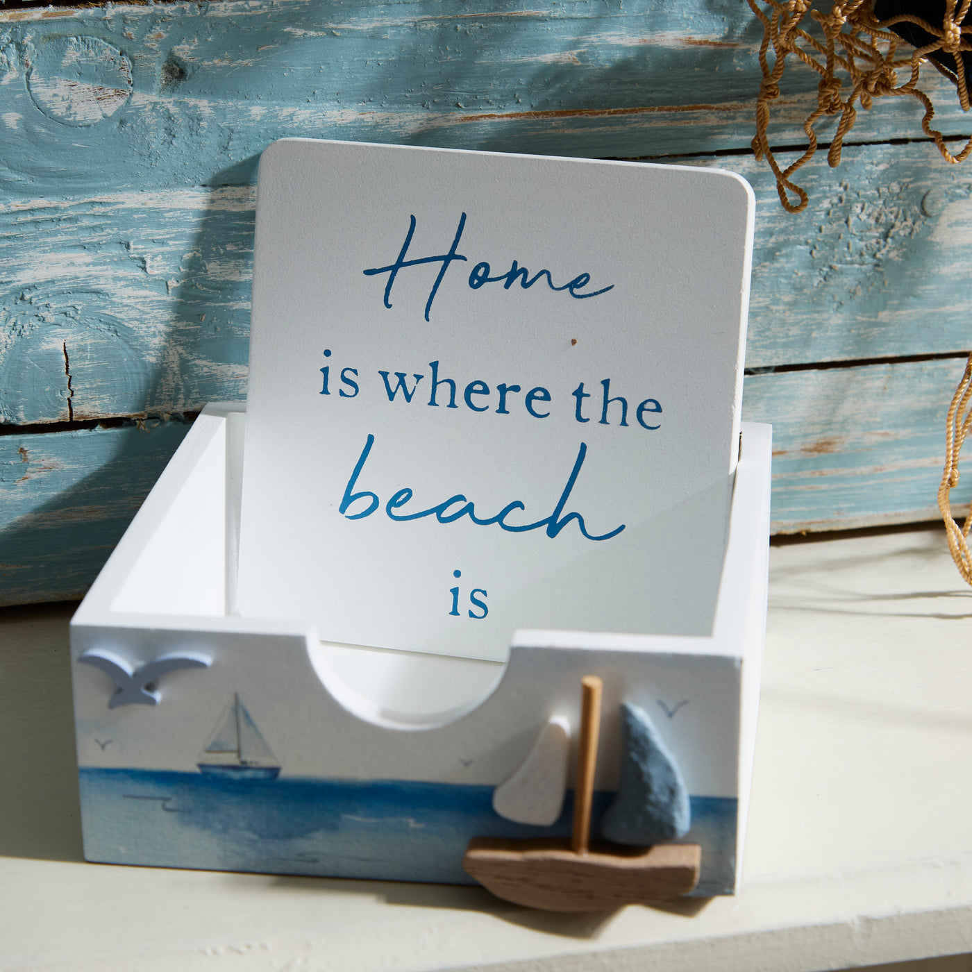 Set of 4 Coastal Quote Coasters with Wooden Holder – Beach Design