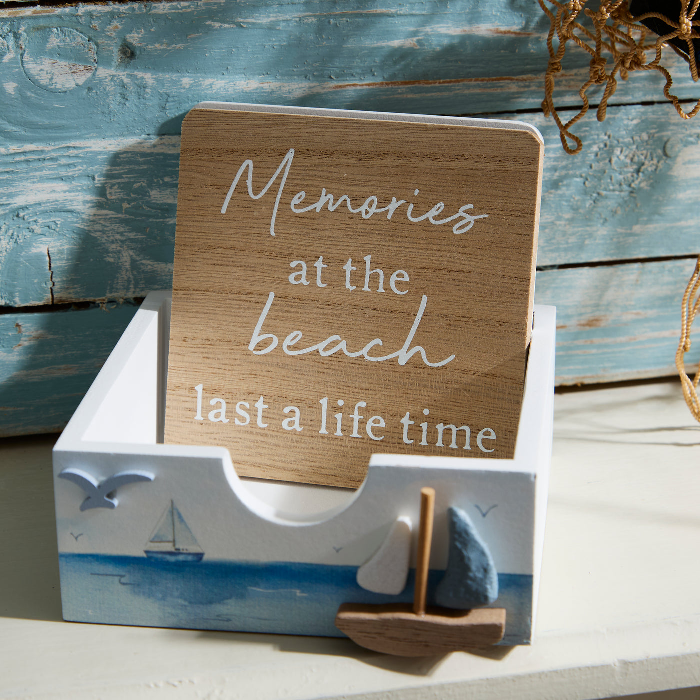 Set of 4 Coastal Quote Coasters with Wooden Holder – Beach Design
