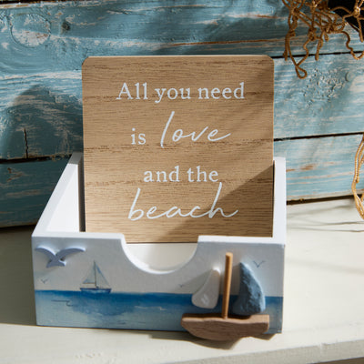 Set of 4 Coastal Quote Coasters with Wooden Holder – Beach Design