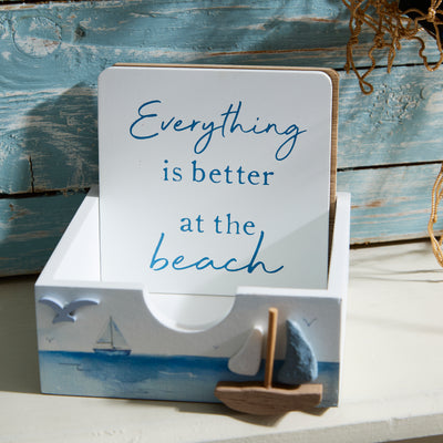 Set of 4 Coastal Quote Coasters with Wooden Holder – Beach Design