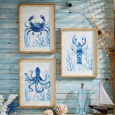 Set of 3 Framed Coastal Sea Life Prints – Lobster, Crab & Octopus