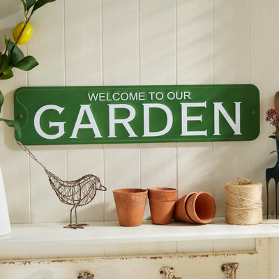 Green Metal "Welcome to Our Garden" Sign – Outdoor Garden Wall Plaque