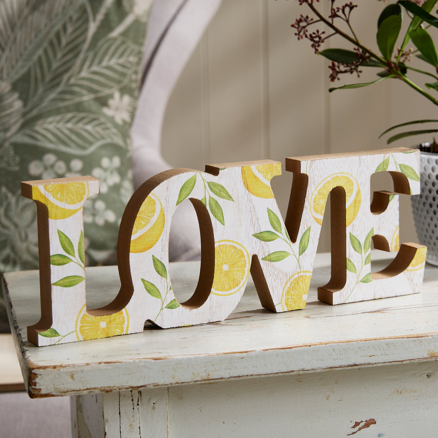 Wooden LOVE Shelf Sitter with Lemon and Leaf Pattern