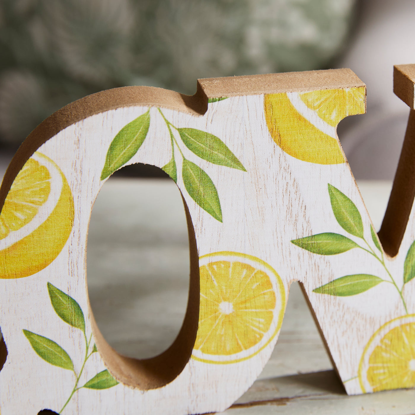 Wooden LOVE Shelf Sitter with Lemon and Leaf Pattern