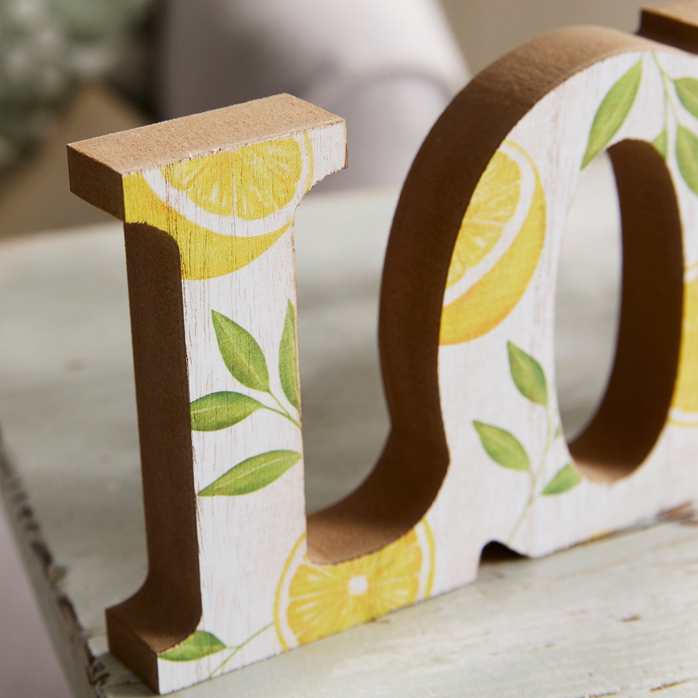 Wooden LOVE Shelf Sitter with Lemon and Leaf Pattern