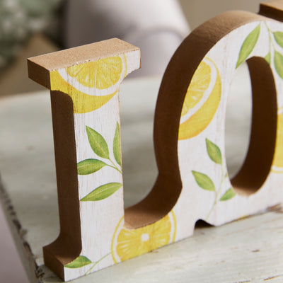 Wooden LOVE Shelf Sitter with Lemon and Leaf Pattern