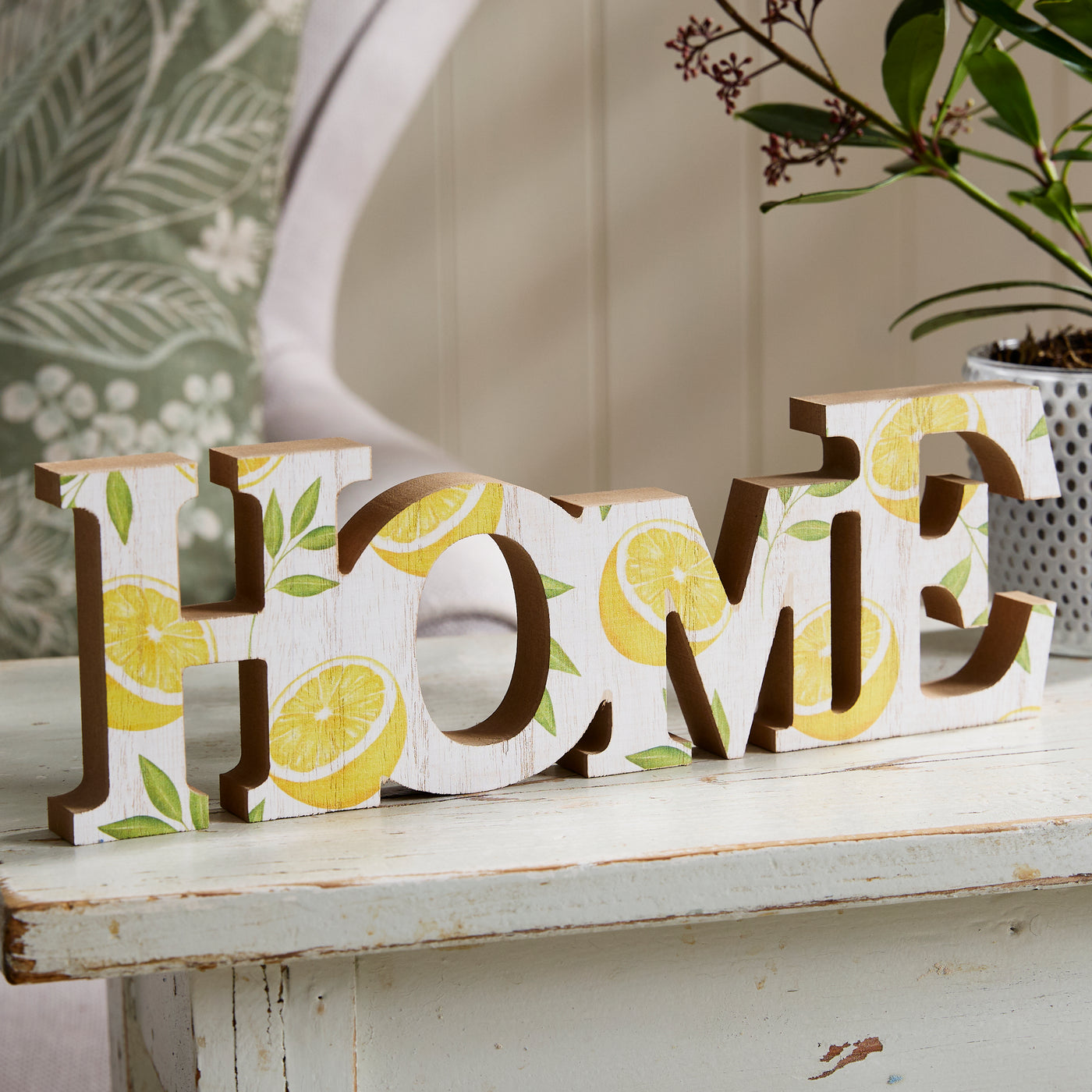 Charming Wooden "HOME" Sign with Vibrant Lemon and Leaf Design