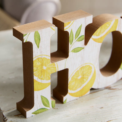Charming Wooden "HOME" Sign with Vibrant Lemon and Leaf Design