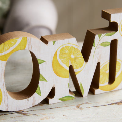 Charming Wooden "HOME" Sign with Vibrant Lemon and Leaf Design