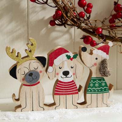 Festive Trio of Wooden Christmas Dogs Ornament