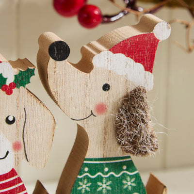 Festive Trio of Wooden Christmas Dogs Ornament