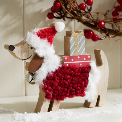Festive Wooden Dachshund with Santa Hat and Presents
