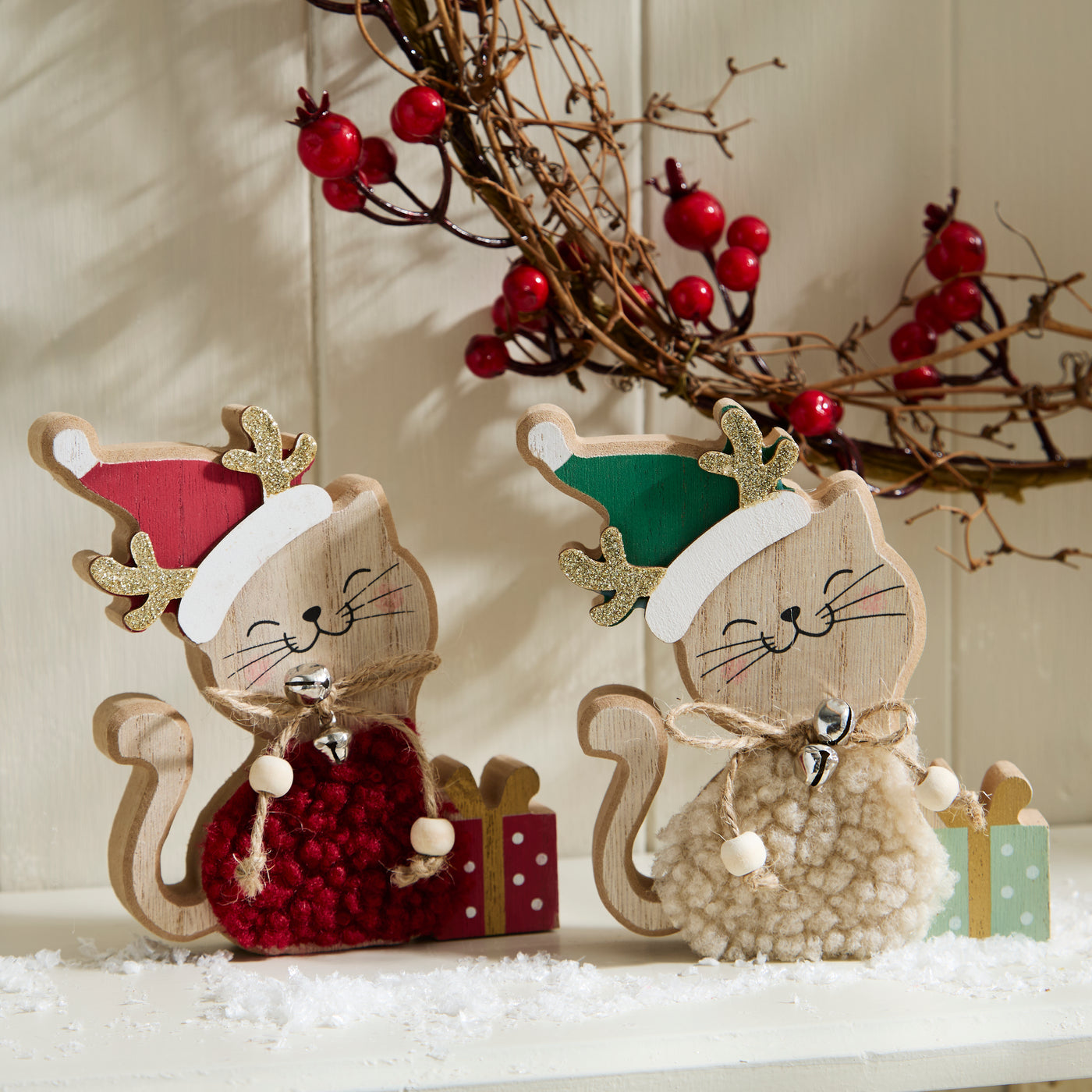 Pair of Festive Wooden Cats with Santa Hats and Gifts
