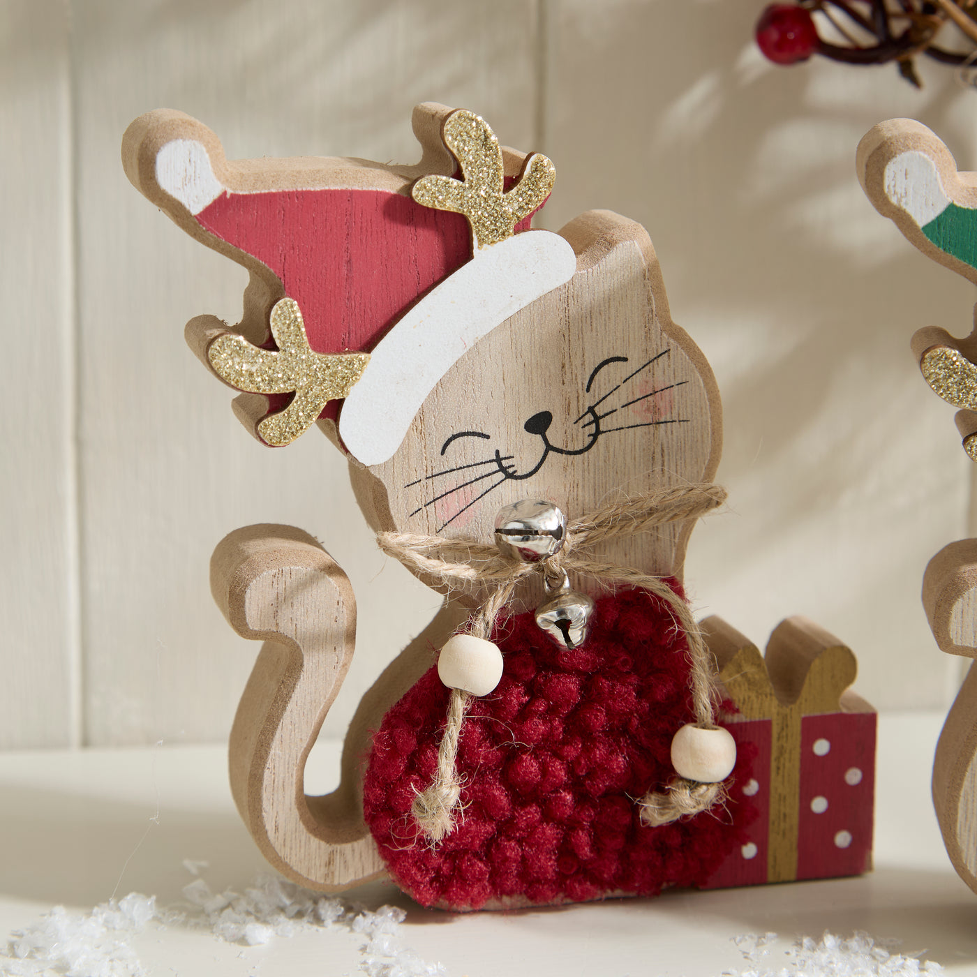 Pair of Festive Wooden Cats with Santa Hats and Gifts