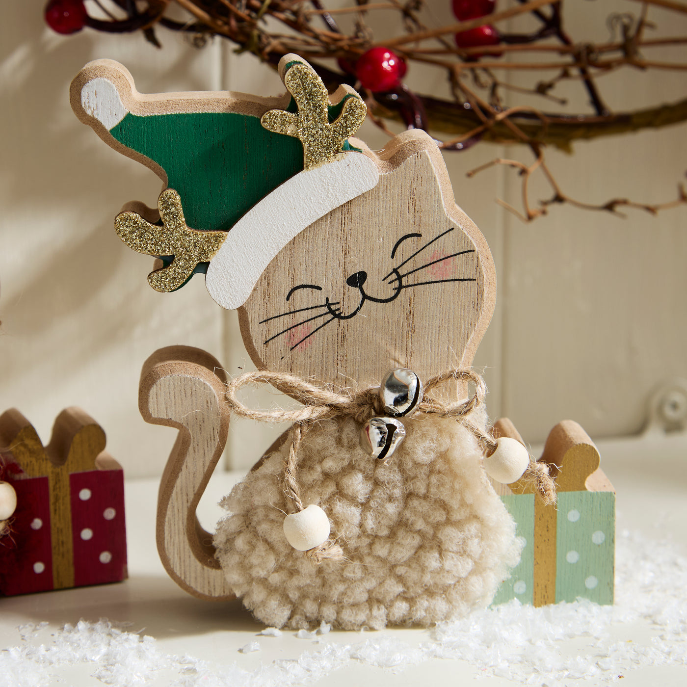 Pair of Festive Wooden Cats with Santa Hats and Gifts