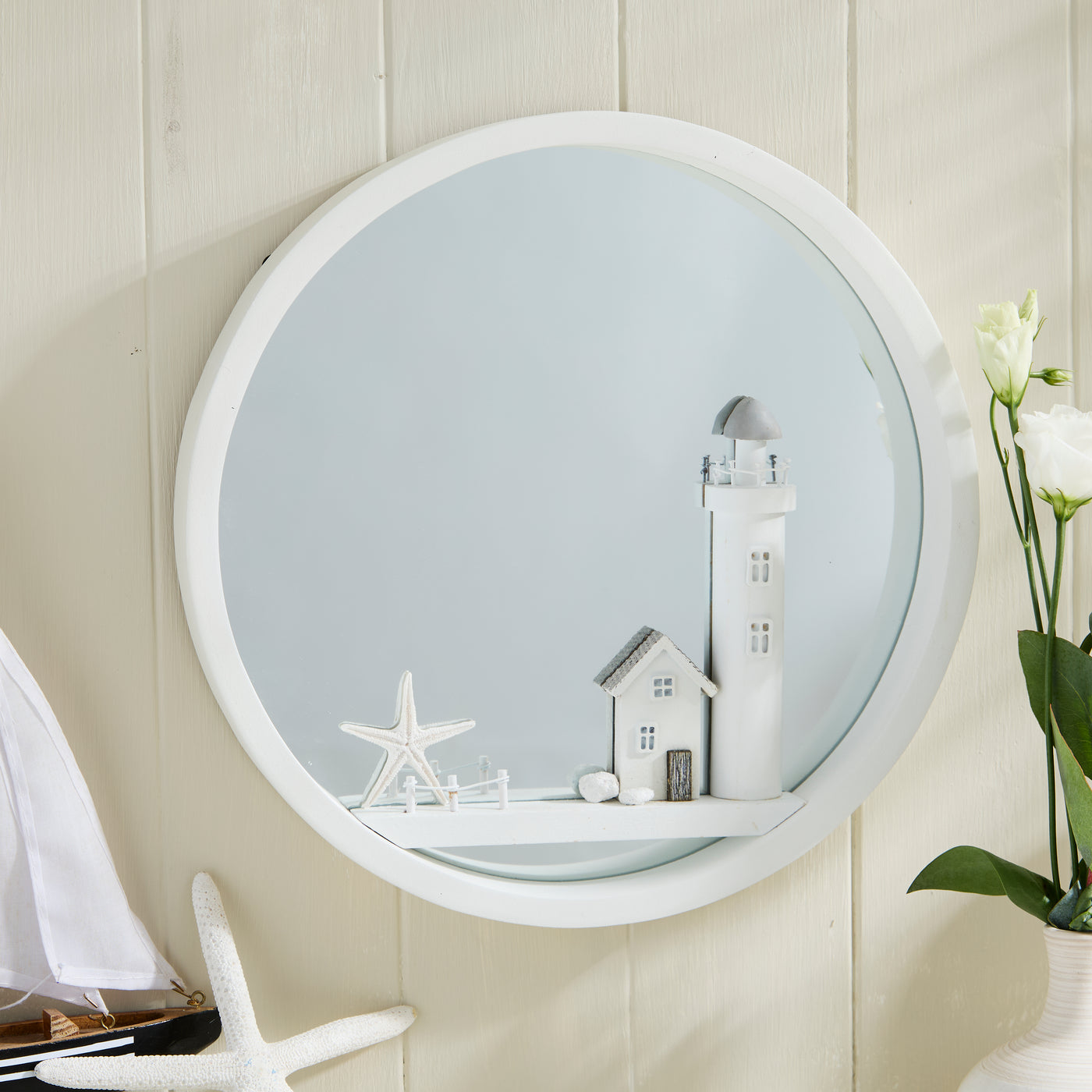 Cream Round Nautical Lighthouse Mirror – Coastal Wall Mirror with Seaside Scene