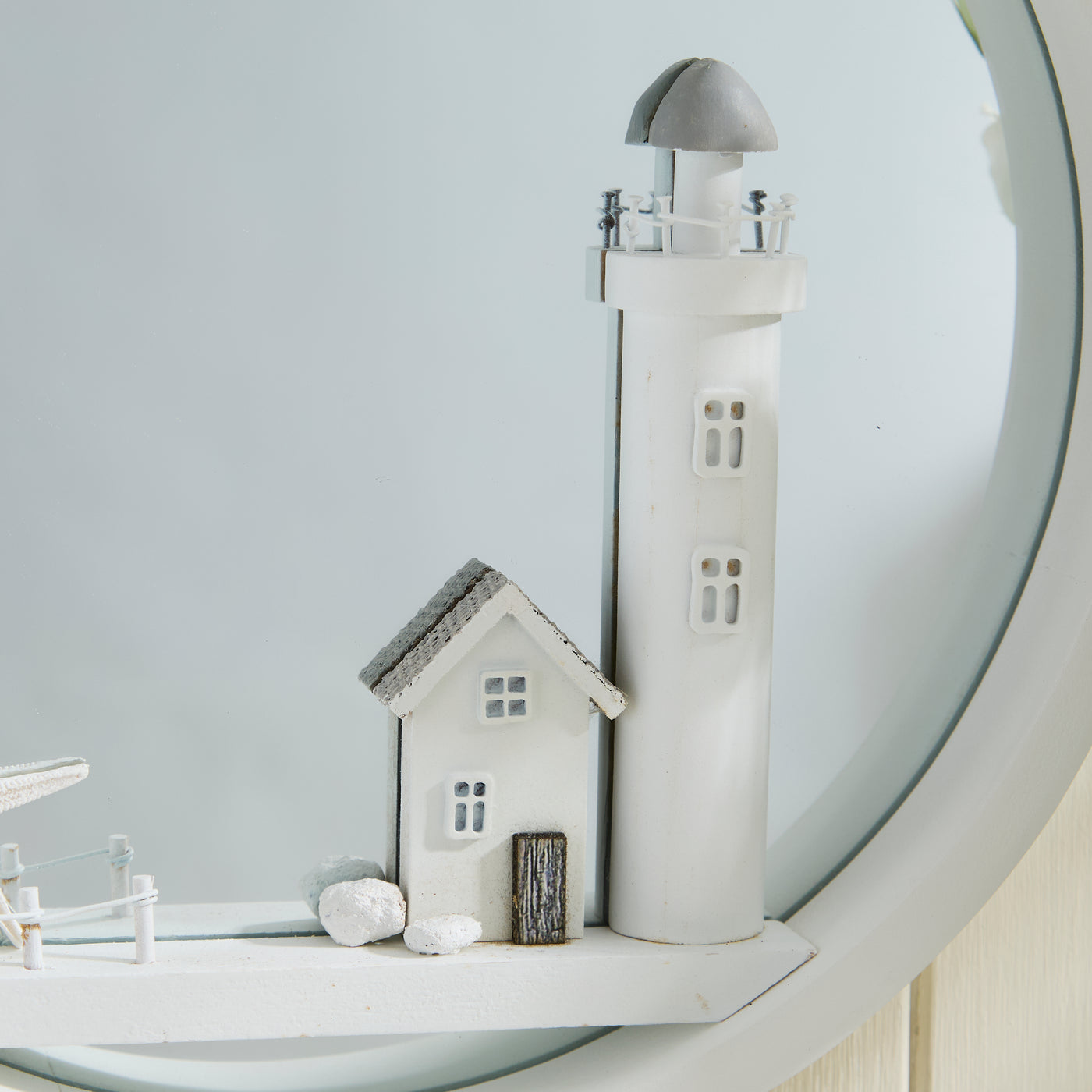 Cream Round Nautical Lighthouse Mirror – Coastal Wall Mirror with Seaside Scene