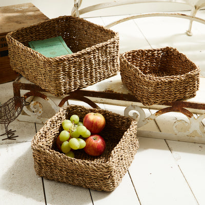 Handwoven Natural Seagrass Storage Baskets – Set of 3 Square Baskets