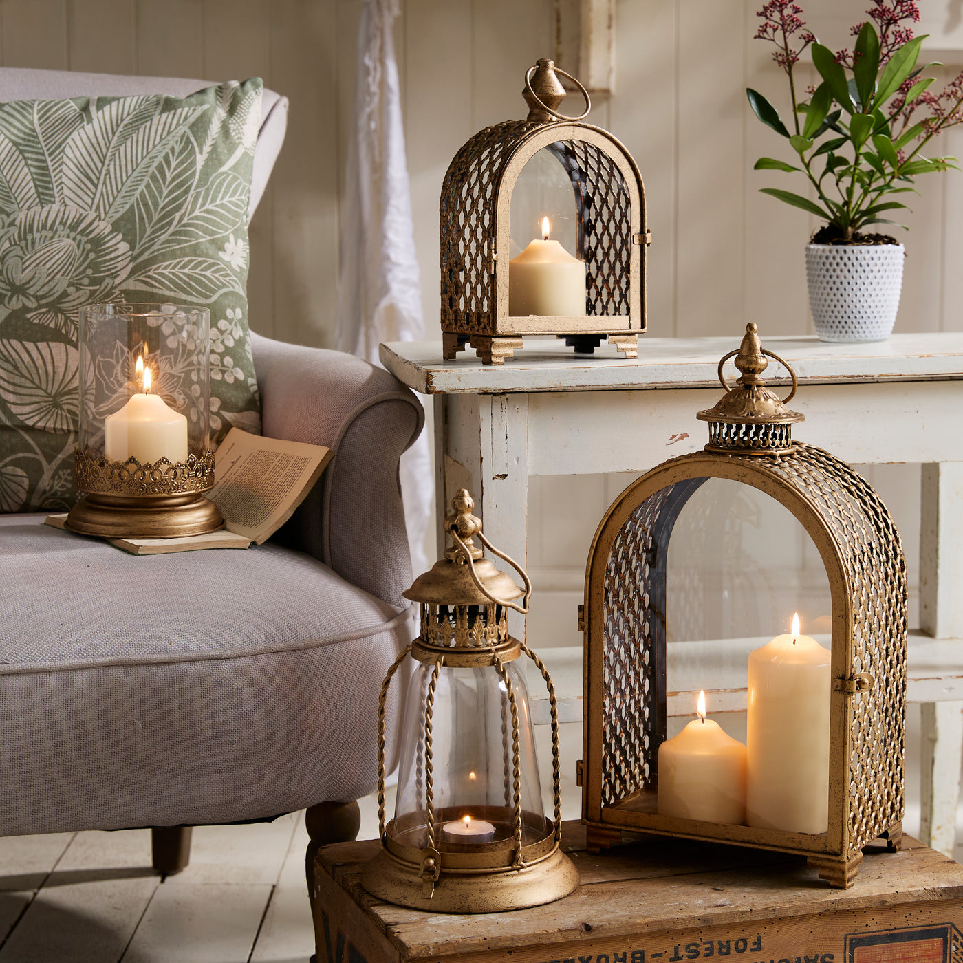 Vintage Gold Lantern & Candle Holder  – Sold individually or as a set.
