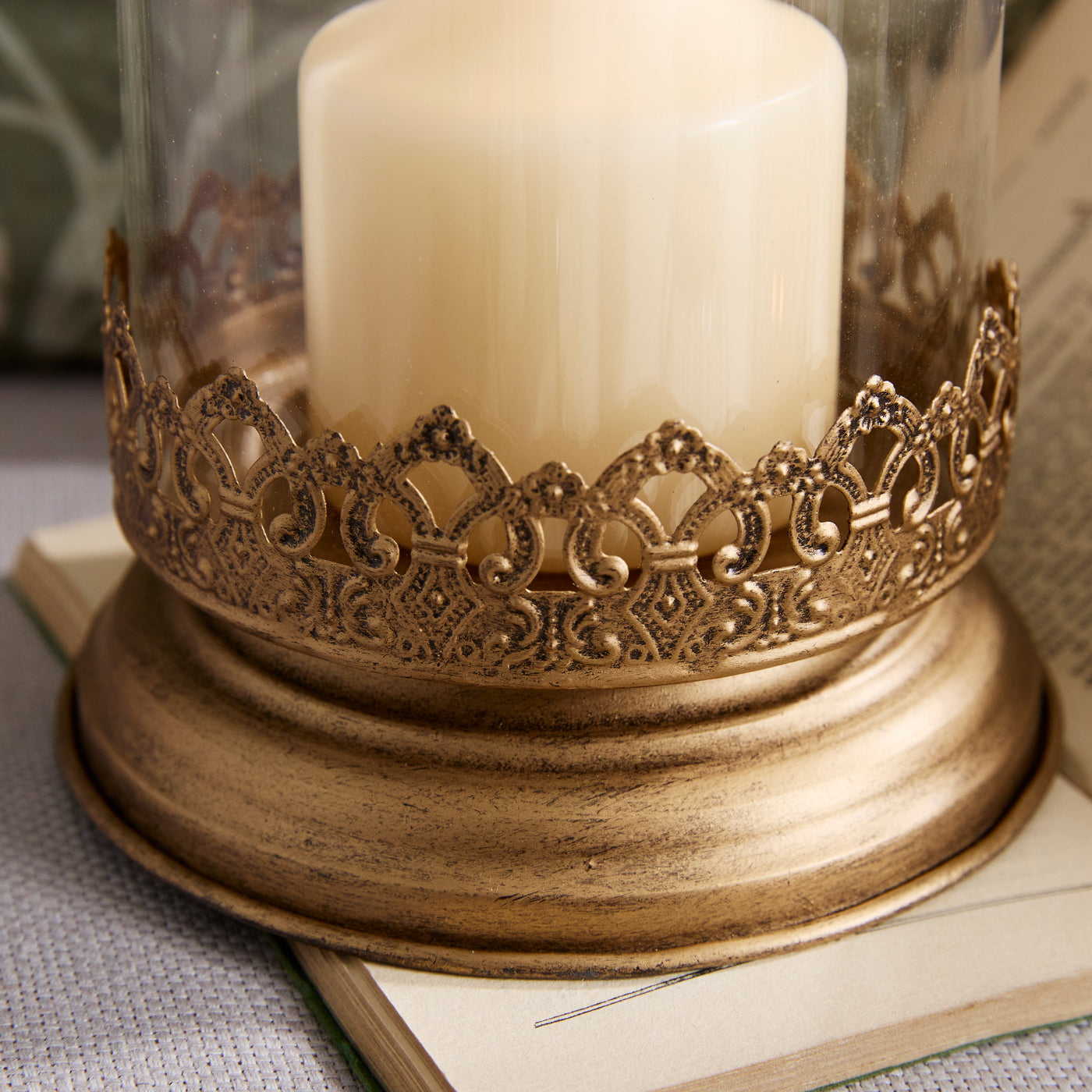 Vintage Gold Lantern & Candle Holder  – Sold individually or as a set.