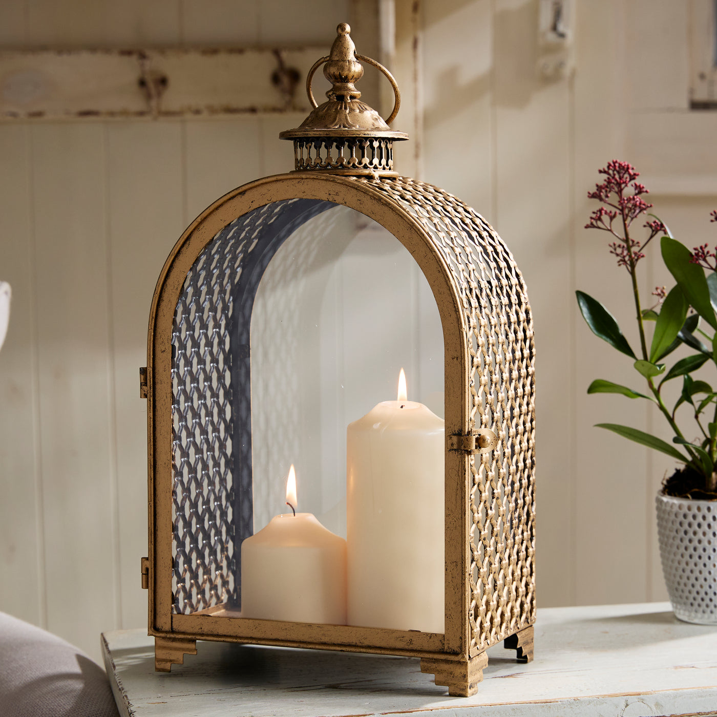 Vintage Gold Lantern & Candle Holder  – Sold individually or as a set.