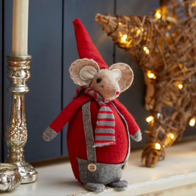 Festive Red Felt Mouse with Hat and Scarf