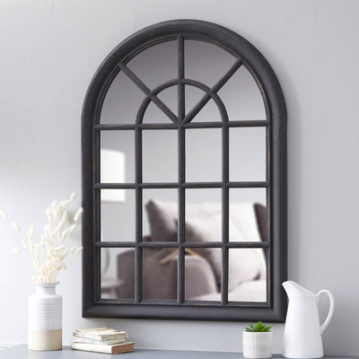 Large Rustic Wooden Arch Window Mirror - Dark Grey