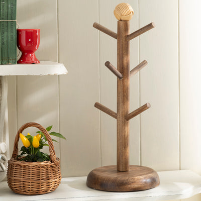 Rustic Wooden Mug Tree Stand with Decorative Top