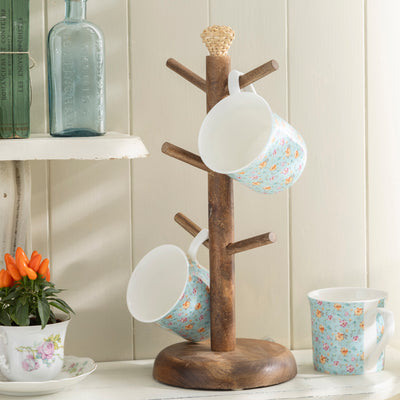 Rustic Wooden Mug Tree Stand with Decorative Top