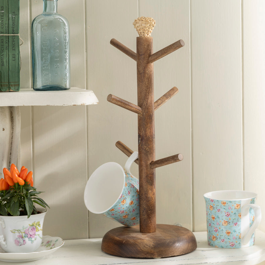 Rustic Wooden Mug Tree Stand with Decorative Top