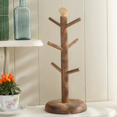 Rustic Wooden Mug Tree Stand with Decorative Top