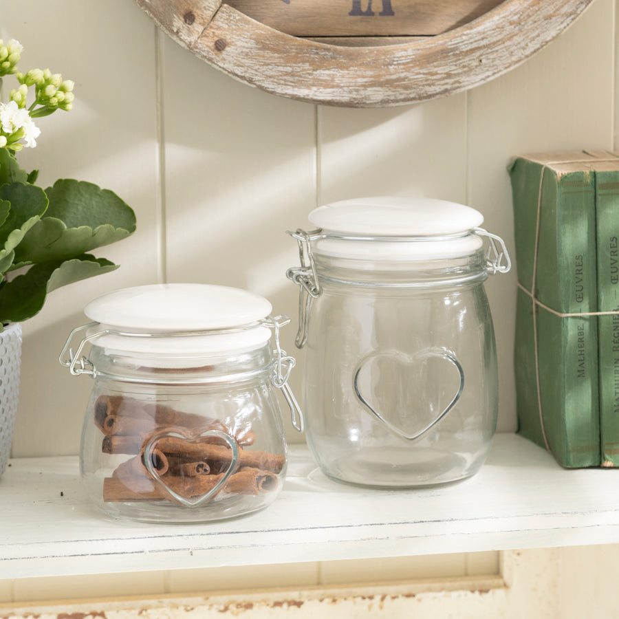 Heart-Embossed Glass Storage Jar with Ceramic Lid